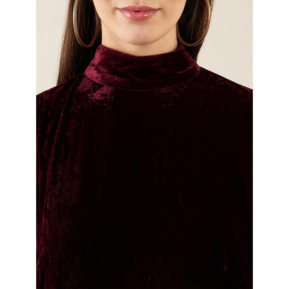 First Resort by Ramola Bachchan Maroon Silk Velvet Dress with Gold Sequin Border