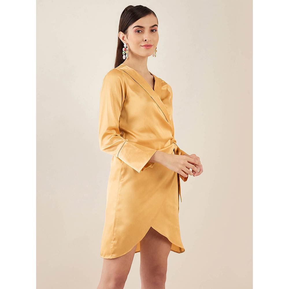First Resort by Ramola Bachchan Gold Wrap Around Embellished Satin Short Dress