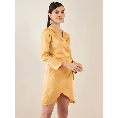 First Resort by Ramola Bachchan Gold Wrap Around Embellished Satin Short Dress