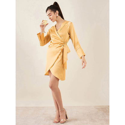 First Resort by Ramola Bachchan Gold Wrap Around Embellished Satin Short Dress