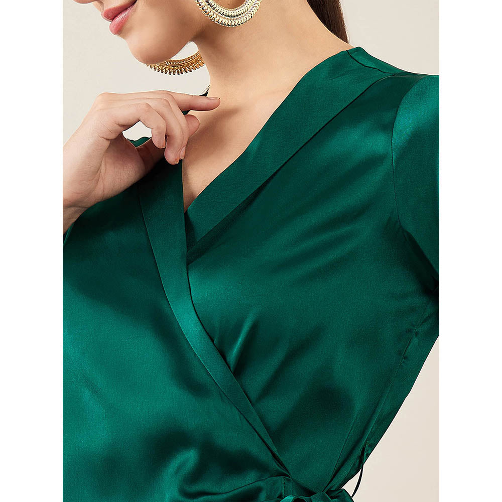 First Resort by Ramola Bachchan Teal Wrap Around Embellished Satin Short Dress