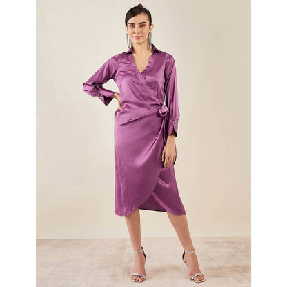 First Resort by Ramola Bachchan Lilac Wrap Around Embellished Satin Mid Length Dress