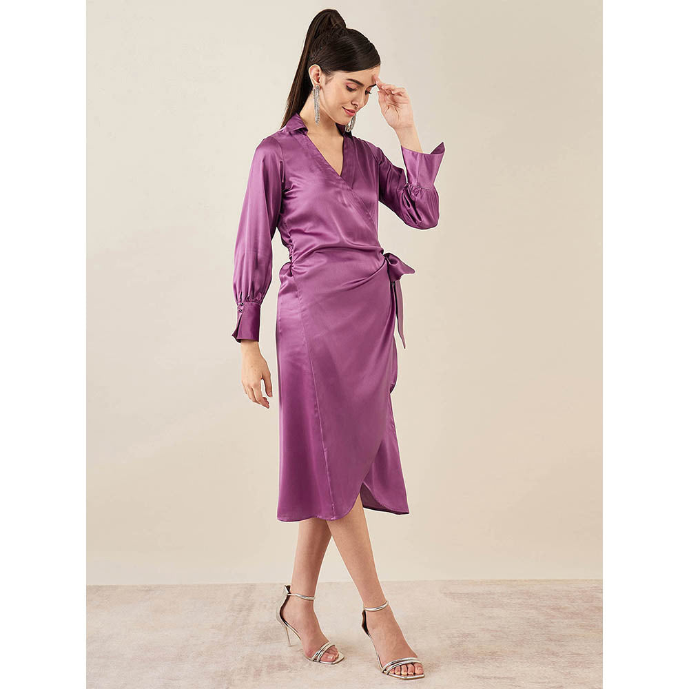 First Resort by Ramola Bachchan Lilac Wrap Around Embellished Satin Mid Length Dress