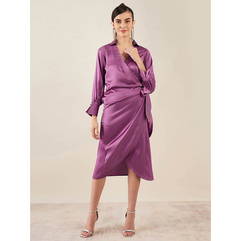 First Resort by Ramola Bachchan Lilac Wrap Around Embellished Satin Mid Length Dress