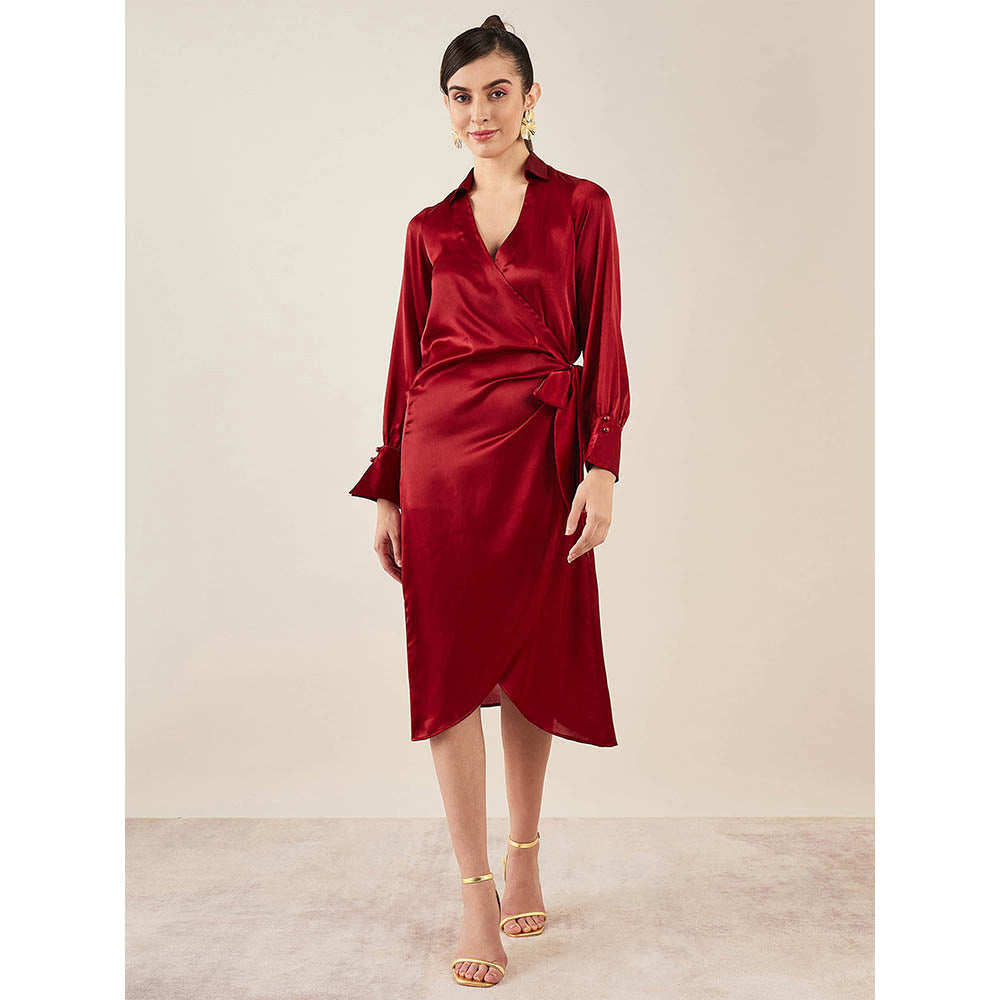 First Resort by Ramola Bachchan Maroon Wrap Around Embellished Satin Mid Length Dress