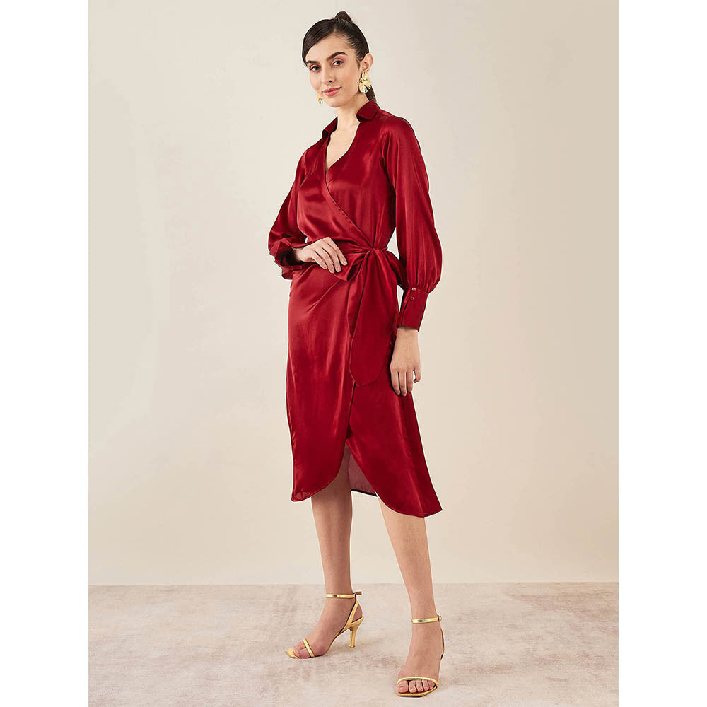 First Resort by Ramola Bachchan Maroon Wrap Around Embellished Satin Mid Length Dress