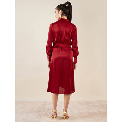 First Resort by Ramola Bachchan Maroon Wrap Around Embellished Satin Mid Length Dress