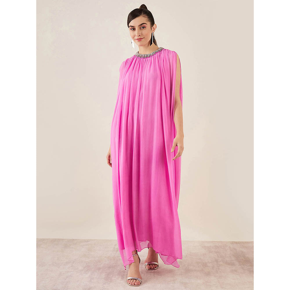 First Resort by Ramola Bachchan Pink Crystal Embroidered & Gathered Silk Full Length Dress