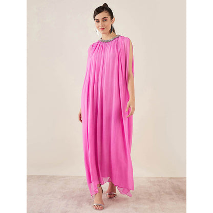 First Resort by Ramola Bachchan Pink Crystal Embroidered & Gathered Silk Full Length Dress