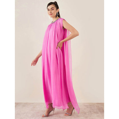 First Resort by Ramola Bachchan Pink Crystal Embroidered & Gathered Silk Full Length Dress