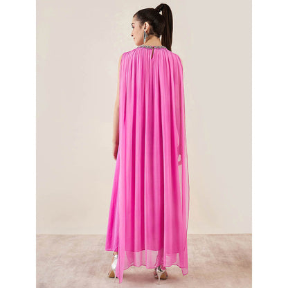 First Resort by Ramola Bachchan Pink Crystal Embroidered & Gathered Silk Full Length Dress