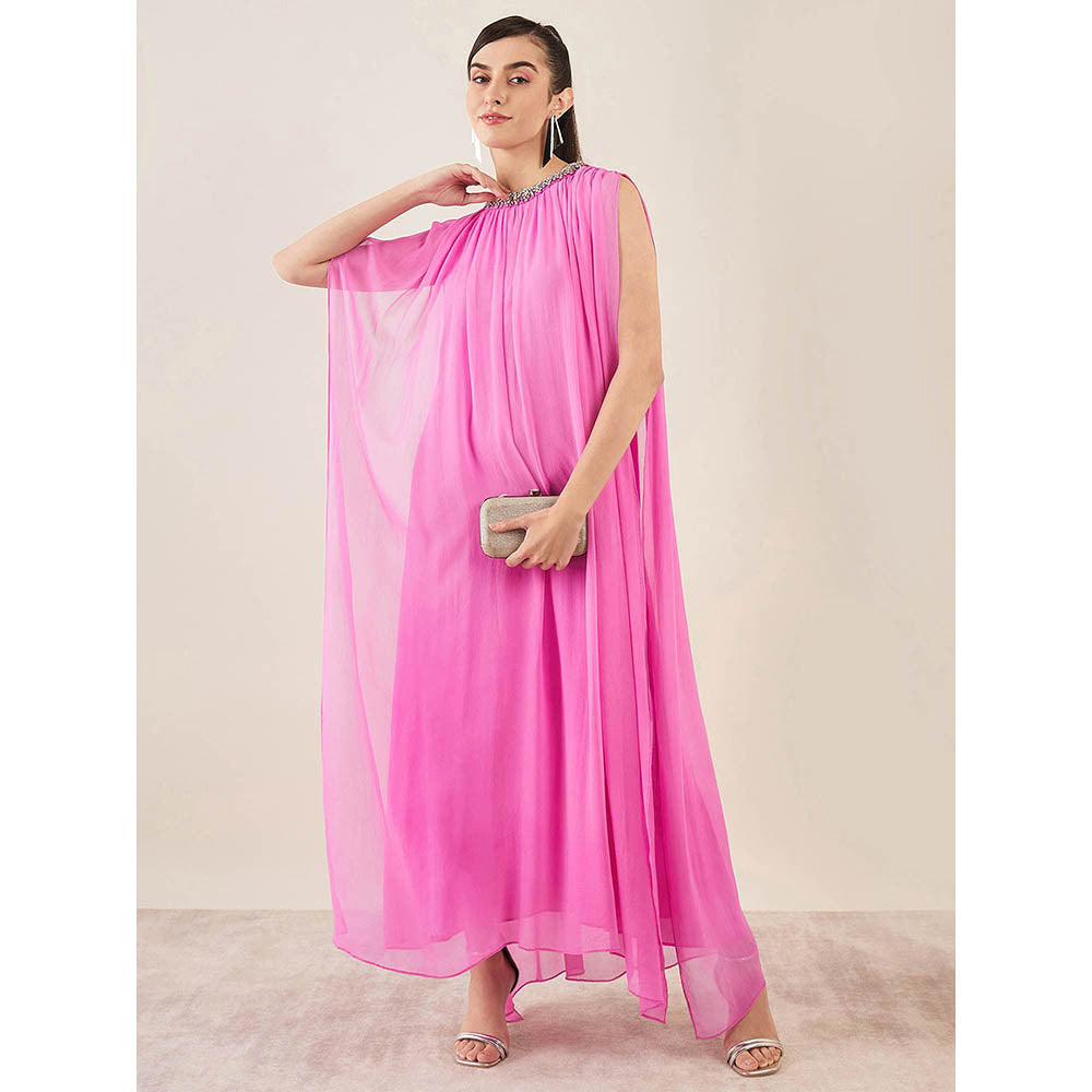 First Resort by Ramola Bachchan Pink Crystal Embroidered & Gathered Silk Full Length Dress