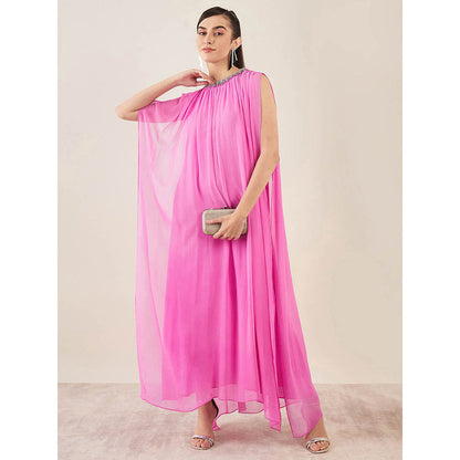 First Resort by Ramola Bachchan Pink Crystal Embroidered & Gathered Silk Full Length Dress
