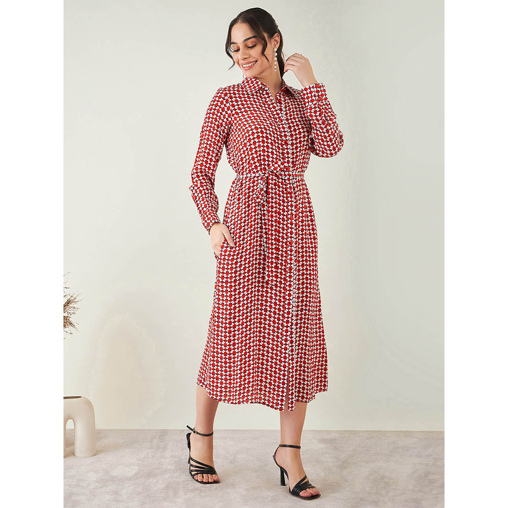 First Resort by Ramola Bachchan Red and White Geometric Print Dress with Belt (Set of 2)