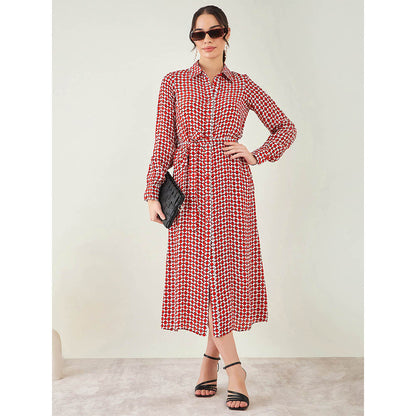 First Resort by Ramola Bachchan Red and White Geometric Print Dress with Belt (Set of 2)
