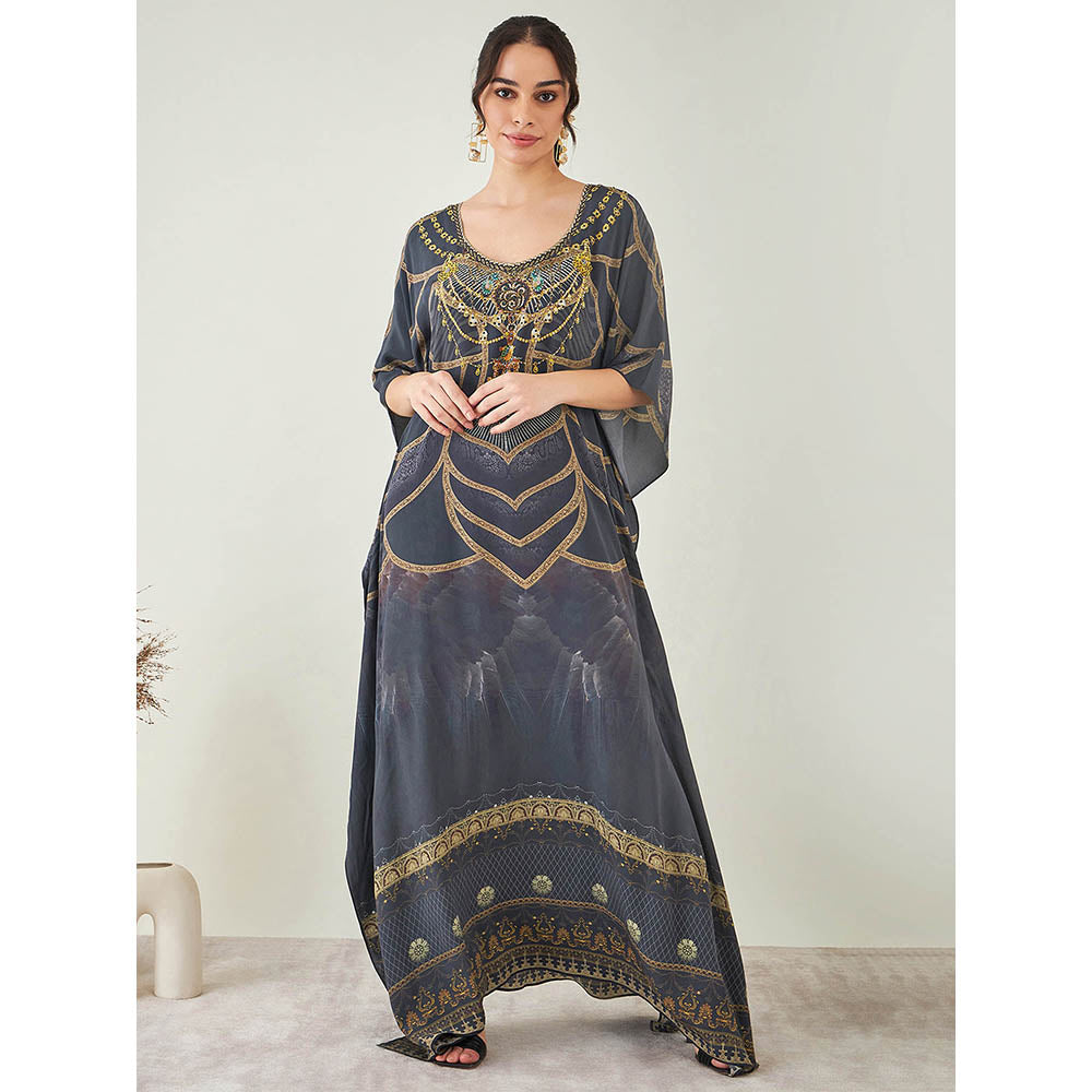 First Resort by Ramola Bachchan Grey and Gold Tribal Print Embellished Silk Full Length Kaftan