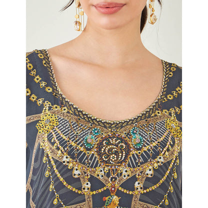 First Resort by Ramola Bachchan Grey and Gold Tribal Print Embellished Silk Full Length Kaftan