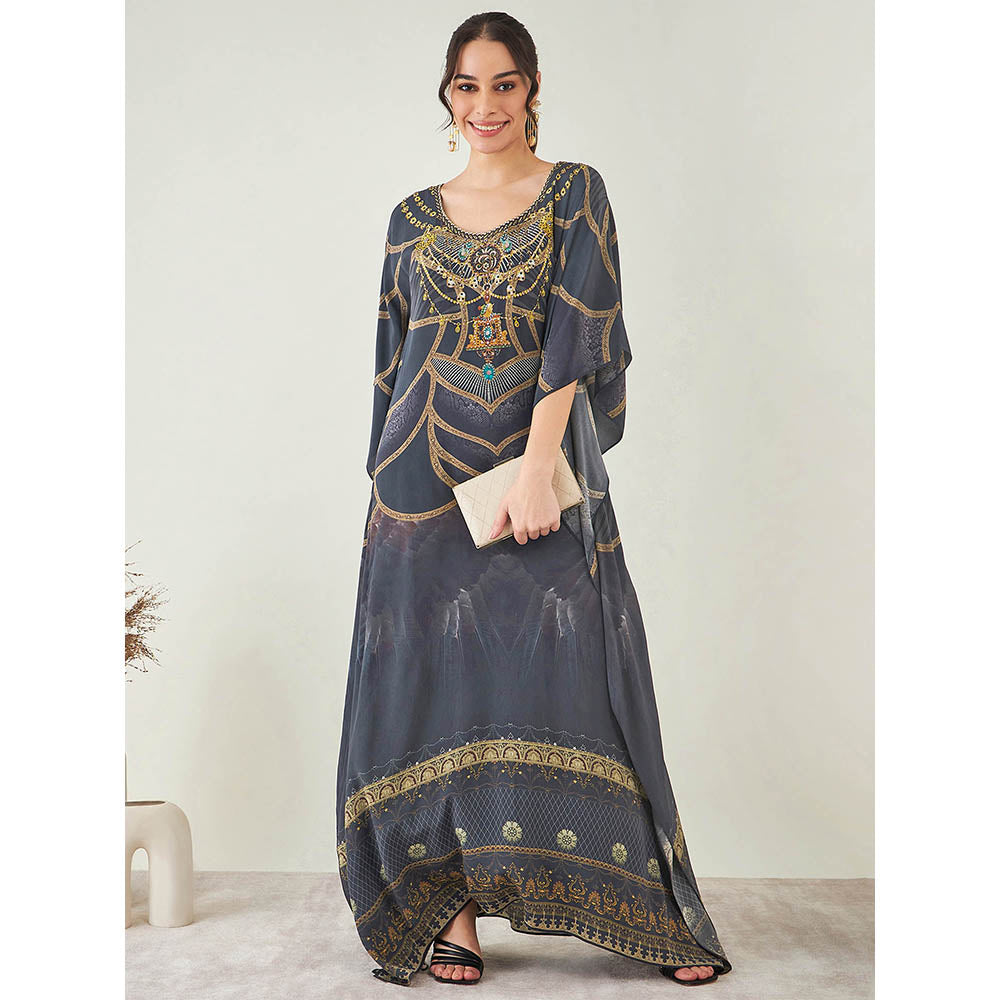 First Resort by Ramola Bachchan Grey and Gold Tribal Print Embellished Silk Full Length Kaftan