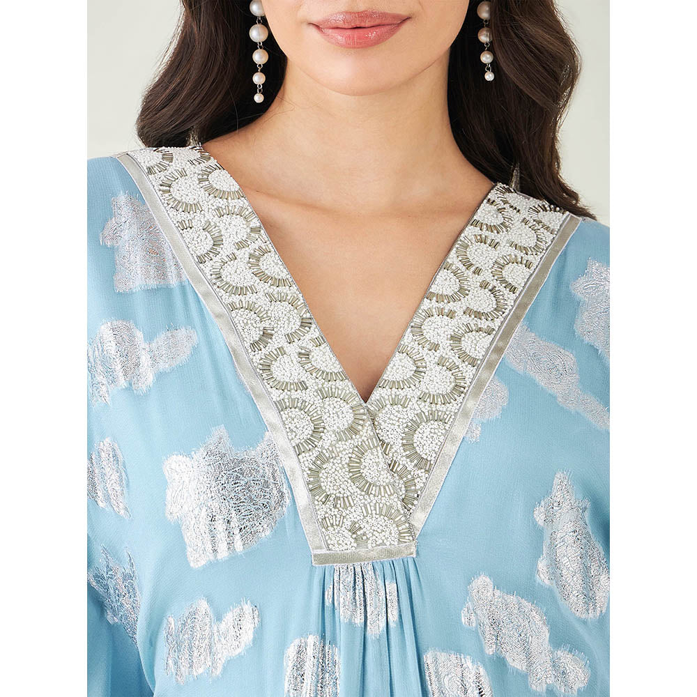 First Resort by Ramola Bachchan Blue Ombre Lurex Mid Length Kaftan with Fringe Detail