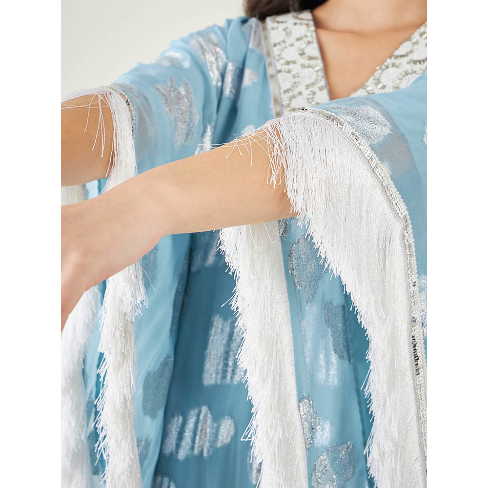 First Resort by Ramola Bachchan Blue Ombre Lurex Mid Length Kaftan with Fringe Detail