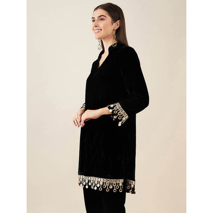 First Resort by Ramola Bachchan Black Silk Velvet Kurta with Mirror Lace Detail