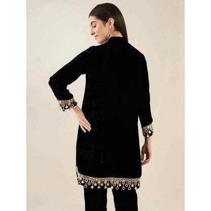 First Resort by Ramola Bachchan Black Silk Velvet Kurta with Mirror Lace Detail