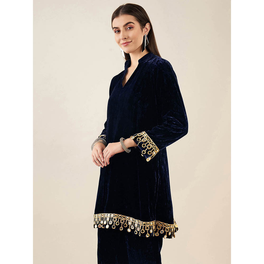 First Resort by Ramola Bachchan Blue Silk Velvet Kurta with Mirror Lace Detail