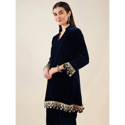 First Resort by Ramola Bachchan Blue Silk Velvet Kurta with Mirror Lace Detail