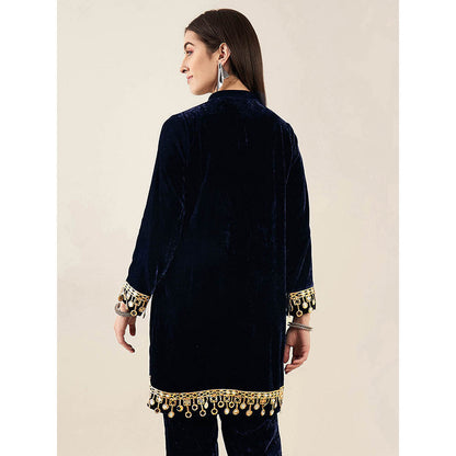 First Resort by Ramola Bachchan Blue Silk Velvet Kurta with Mirror Lace Detail