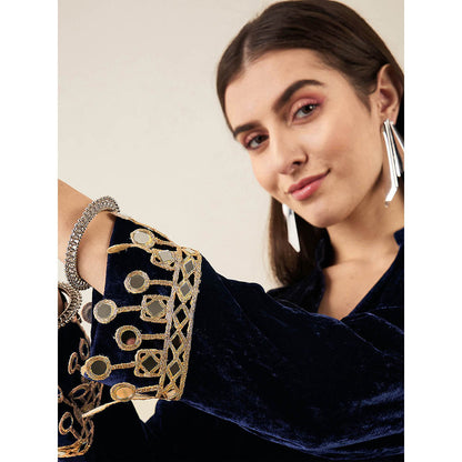 First Resort by Ramola Bachchan Blue Silk Velvet Kurta with Mirror Lace Detail