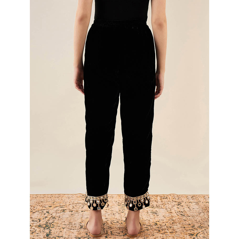 First Resort by Ramola Bachchan Black Silk Velvet Straight Pant with Mirror Lace Detail