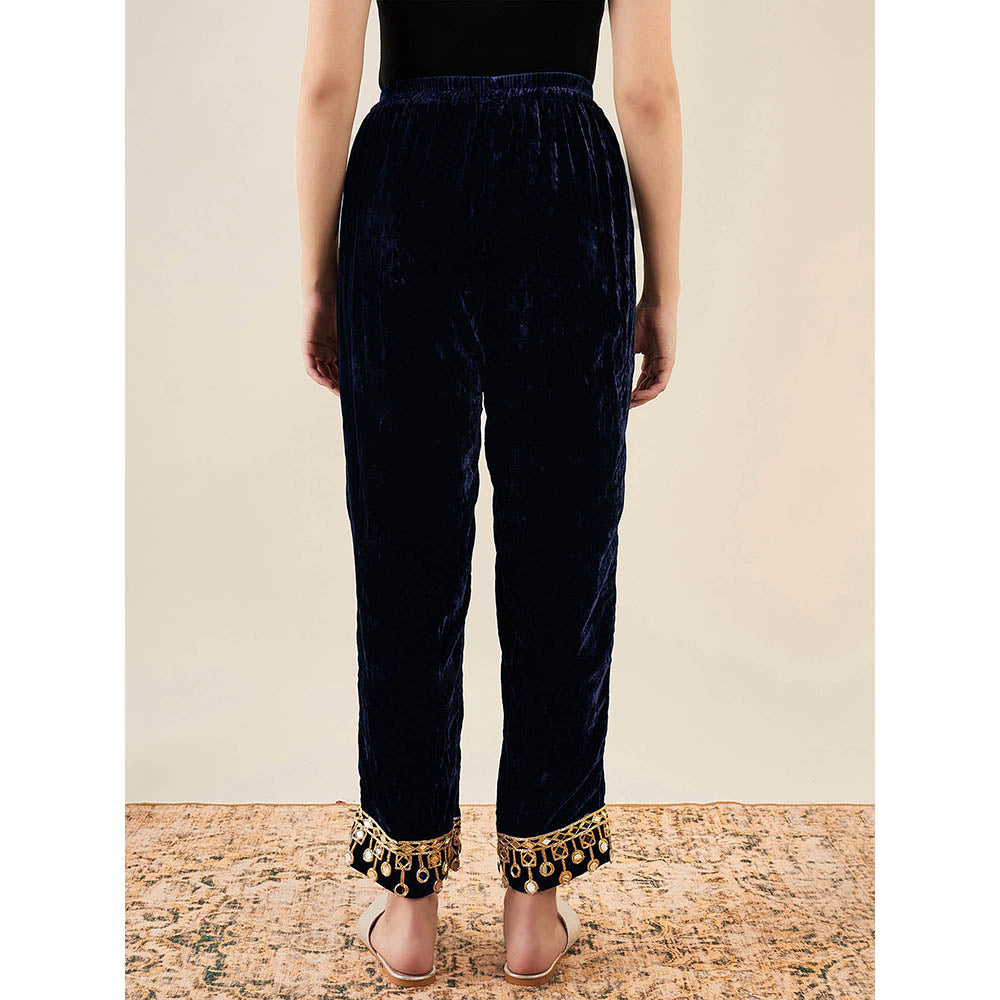 First Resort by Ramola Bachchan Blue Silk Velvet Straight Pant with Mirror Lace Detail
