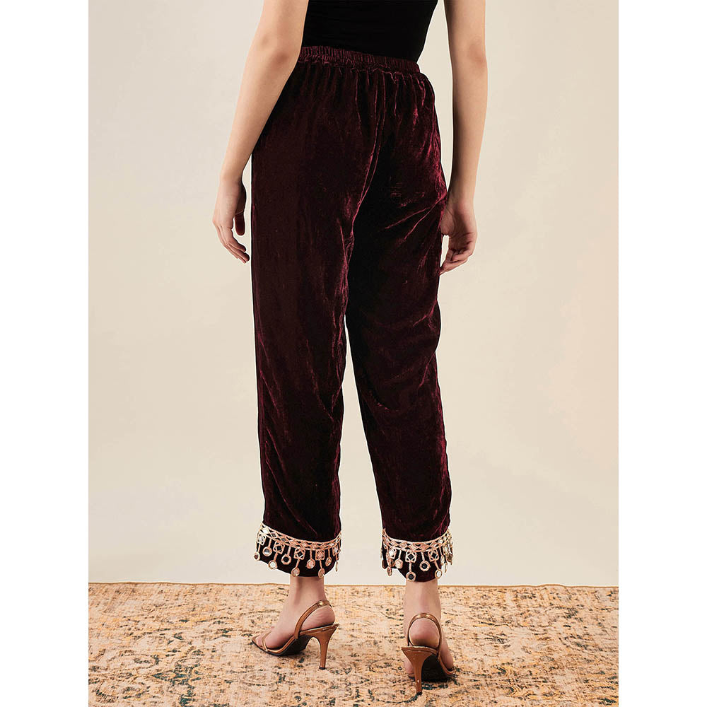 First Resort by Ramola Bachchan Maroon Silk Velvet Straight Pant with Mirror Lace Detail