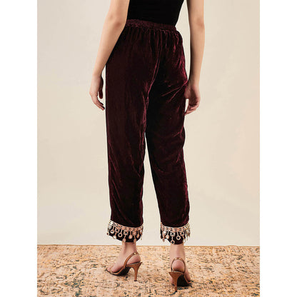 First Resort by Ramola Bachchan Maroon Silk Velvet Straight Pant with Mirror Lace Detail