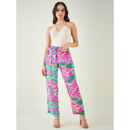 First Resort by Ramola Bachchan Pink and Green Marine Wave Print Pant