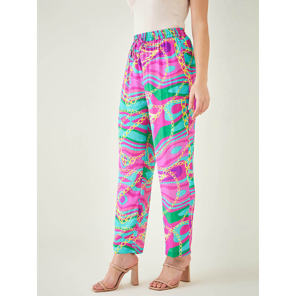 First Resort by Ramola Bachchan Pink and Green Marine Wave Print Pant