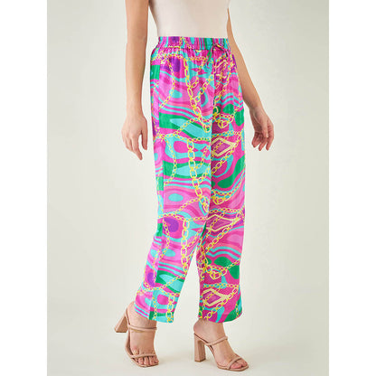 First Resort by Ramola Bachchan Pink and Green Marine Wave Print Pant
