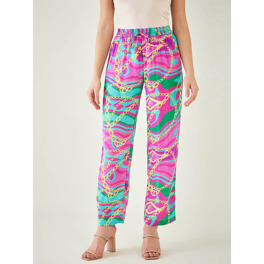 First Resort by Ramola Bachchan Pink and Green Marine Wave Print Pant
