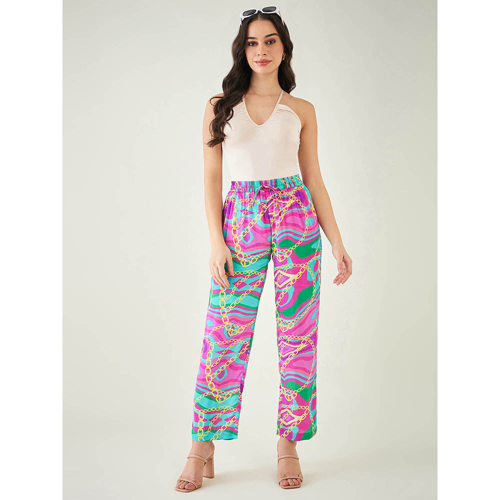 First Resort by Ramola Bachchan Pink and Green Marine Wave Print Pant