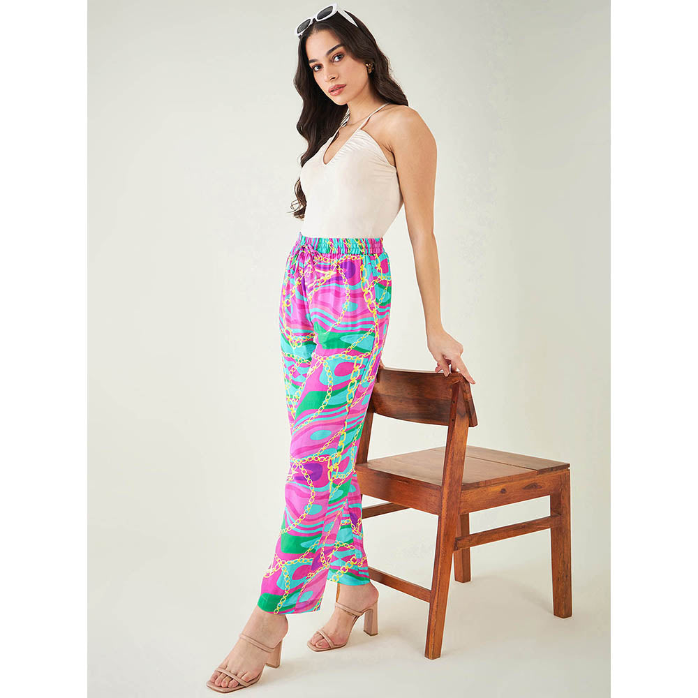 First Resort by Ramola Bachchan Pink and Green Marine Wave Print Pant