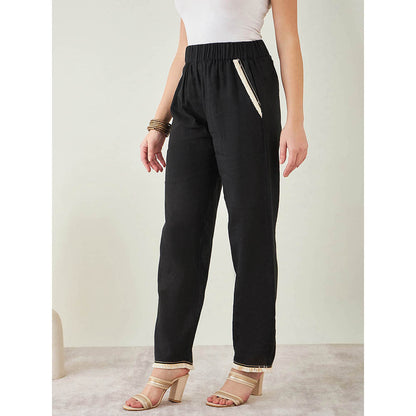 First Resort by Ramola Bachchan Black Linen Pant with Lace Detail