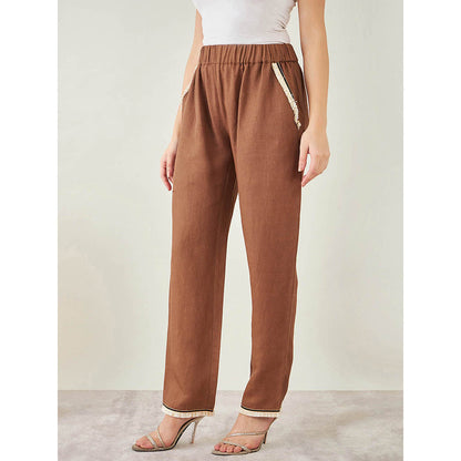 First Resort by Ramola Bachchan Brown Linen Pant with Lace Detail
