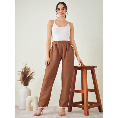 First Resort by Ramola Bachchan Brown Linen Pant with Lace Detail