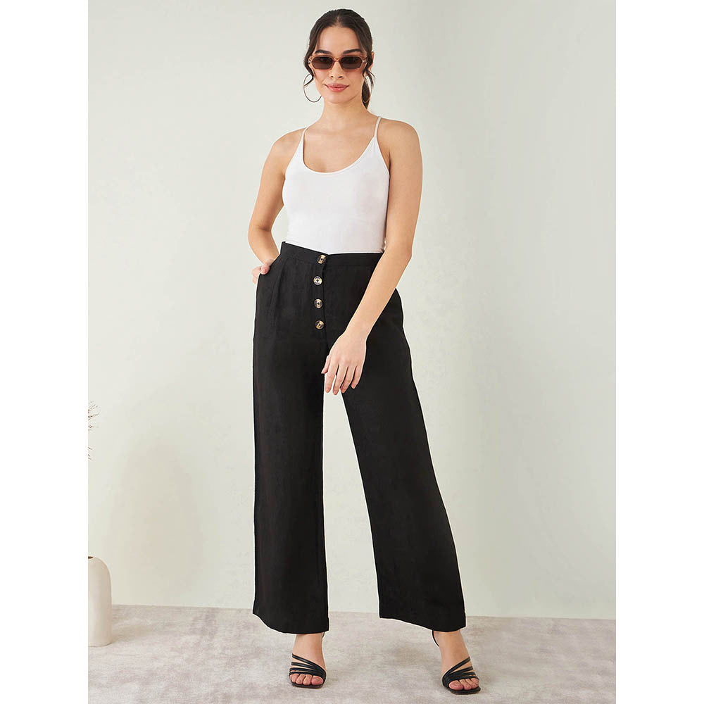 First Resort by Ramola Bachchan Black Linen High-Waisted Straight Pant