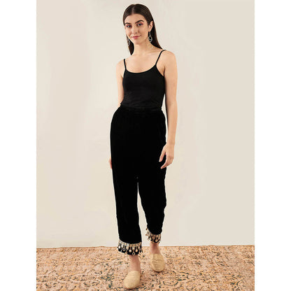First Resort by Ramola Bachchan Black Silk Velvet Kurta & Straight Pant with Mirror (Set of 2)