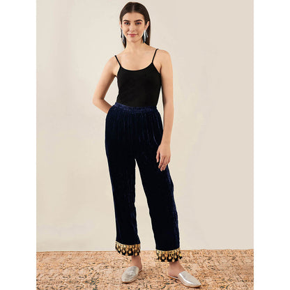 First Resort by Ramola Bachchan Blue Velvet Kurta & Straight Pant with Mirror Lace (Set of 2)