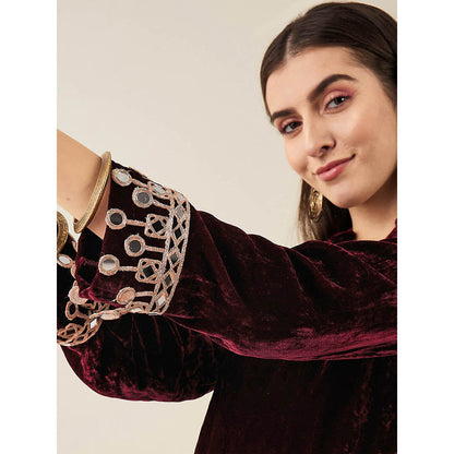 First Resort by Ramola Bachchan Maroon Velvet Kurta & Pant with Mirror Lace (Set of 2)