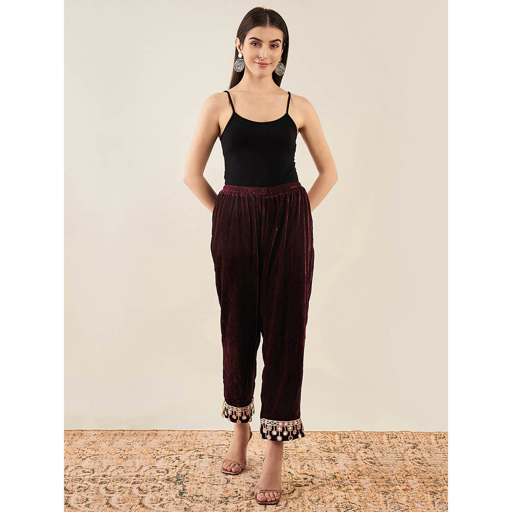First Resort by Ramola Bachchan Maroon Velvet Kurta & Pant with Mirror Lace (Set of 2)