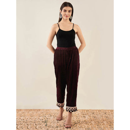 First Resort by Ramola Bachchan Maroon Velvet Kurta & Pant with Mirror Lace (Set of 2)