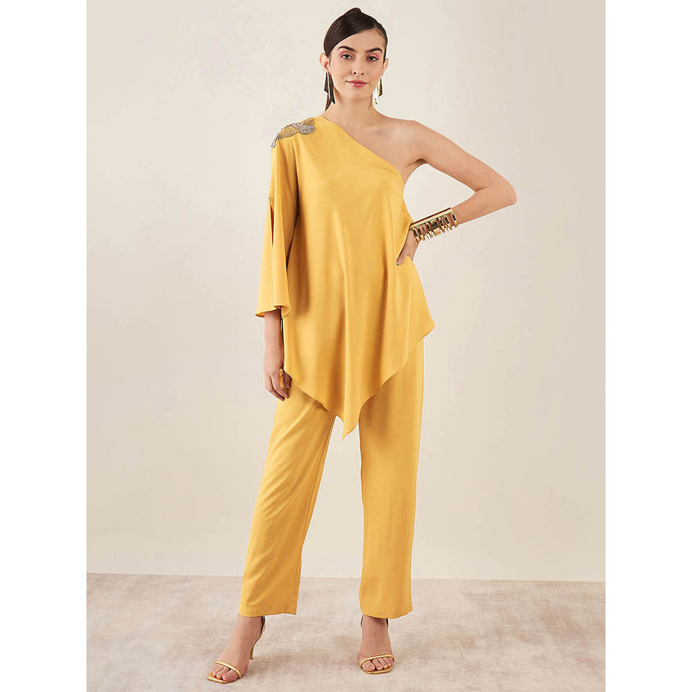 First Resort by Ramola Bachchan Mustard One-Shoulder Embroidered Top with Pant (Set of 2)